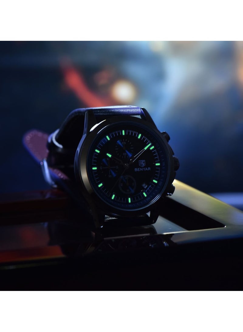 BENYAR Watches for Men Luxury Quartz Water Resistant Watch Men's Chronograph Genuine Leather Strap 5210 Blue - Image 5