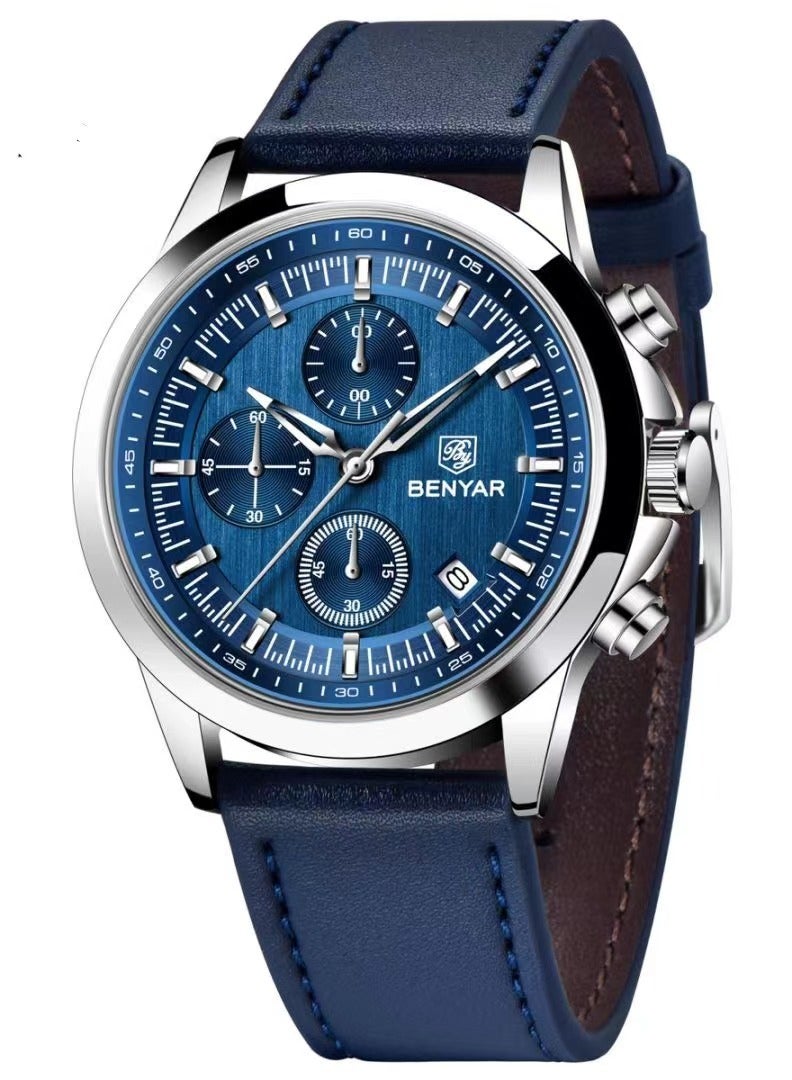 BENYAR Watches for Men Luxury Quartz Water Resistant Watch Men's Chronograph Genuine Leather Strap 5210 Blue - Image 1