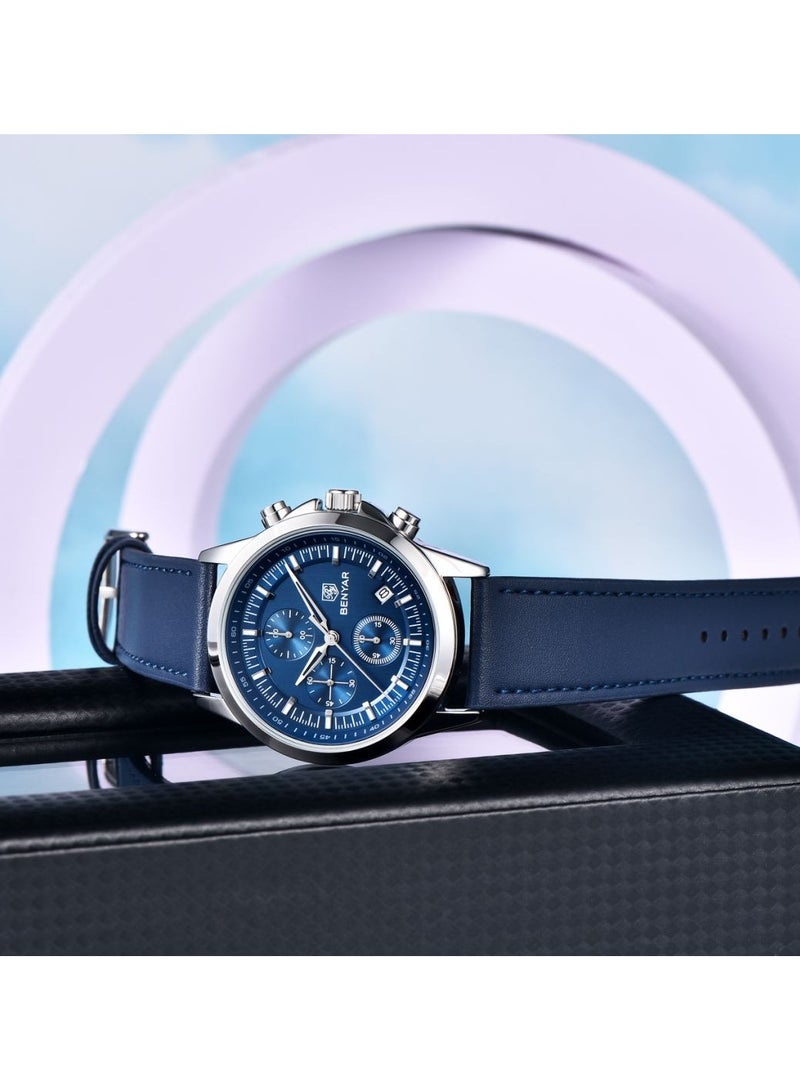 BENYAR Watches for Men Luxury Quartz Water Resistant Watch Men's Chronograph Genuine Leather Strap 5210 Blue - Image 4