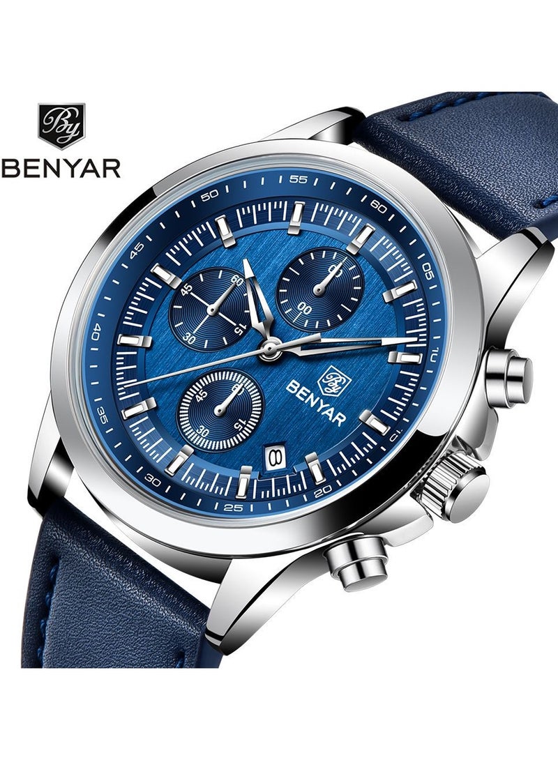 BENYAR Watches for Men Luxury Quartz Water Resistant Watch Men's Chronograph Genuine Leather Strap 5210 Blue - Image 2