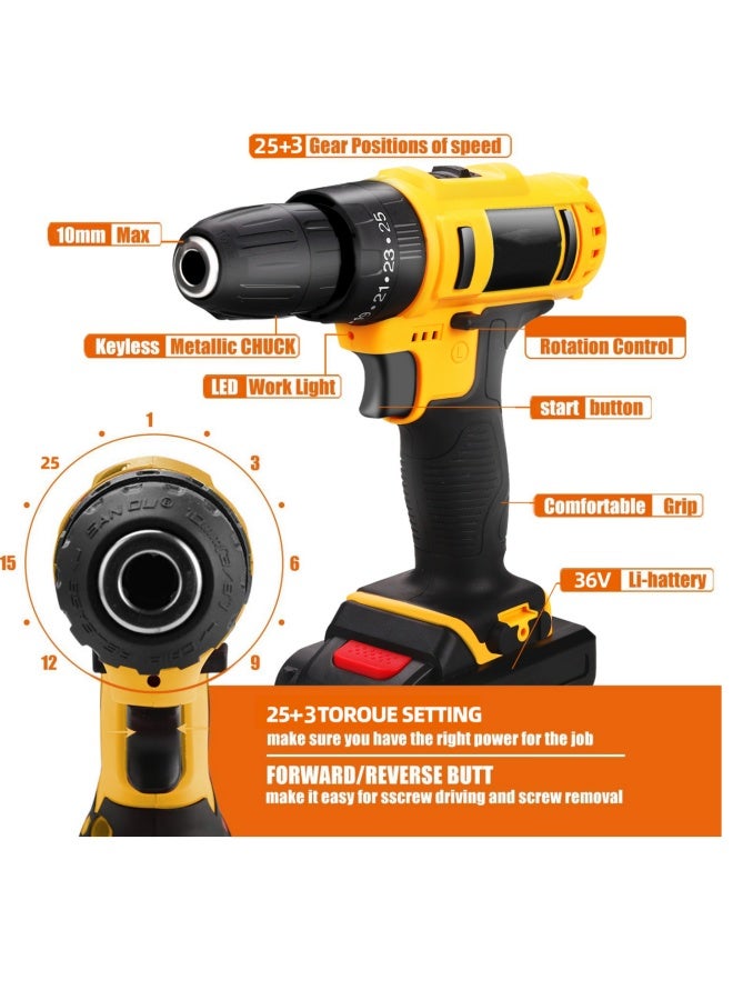 ALongDeng 128PCS Cordless Drill Set 36V Electric Drill Tool Kit with 3/8" Keyless Chuck of Metal 25 Clutch with Impact 2 Variable Speed Professional Household Home Tool Kit Set - Image 3