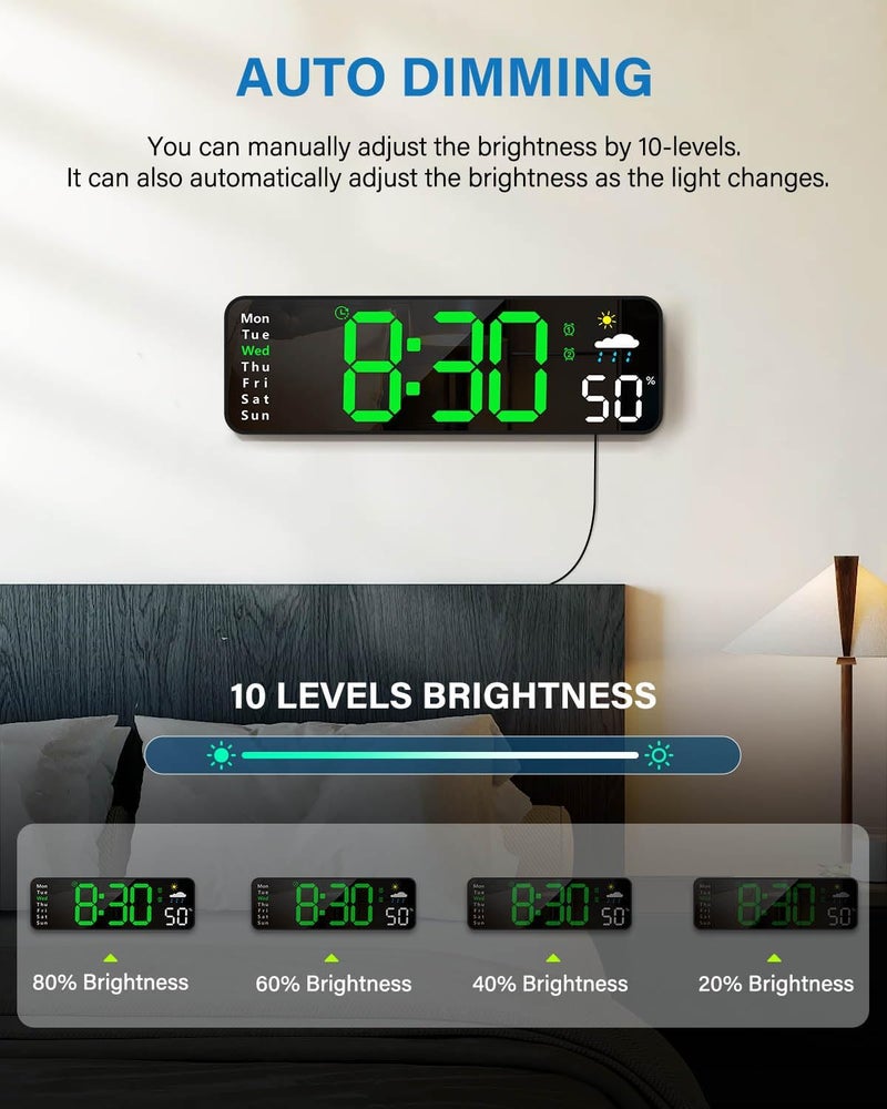 Zelaclock Digital Wall Clock, Digital Clock Large Display with Remote Control, Corded LED Alarm Clocks with Date, Week, Temp, Humidity, Auto DST, Countdown, for Living Room Bedroom Classroom Office (Green) - Image 3