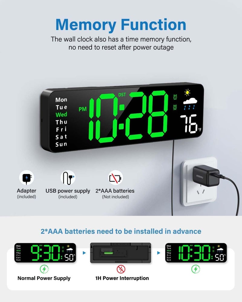 Zelaclock Digital Wall Clock, Digital Clock Large Display with Remote Control, Corded LED Alarm Clocks with Date, Week, Temp, Humidity, Auto DST, Countdown, for Living Room Bedroom Classroom Office (Green) - Image 5