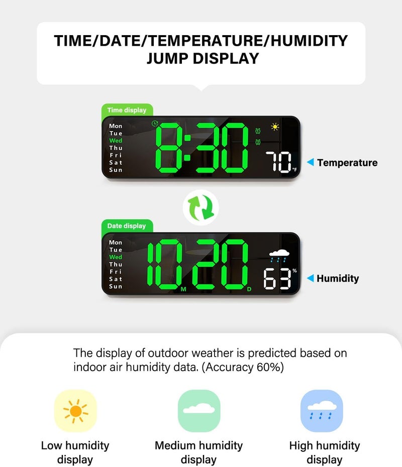 Zelaclock Digital Wall Clock, Digital Clock Large Display with Remote Control, Corded LED Alarm Clocks with Date, Week, Temp, Humidity, Auto DST, Countdown, for Living Room Bedroom Classroom Office (Green) - Image 4