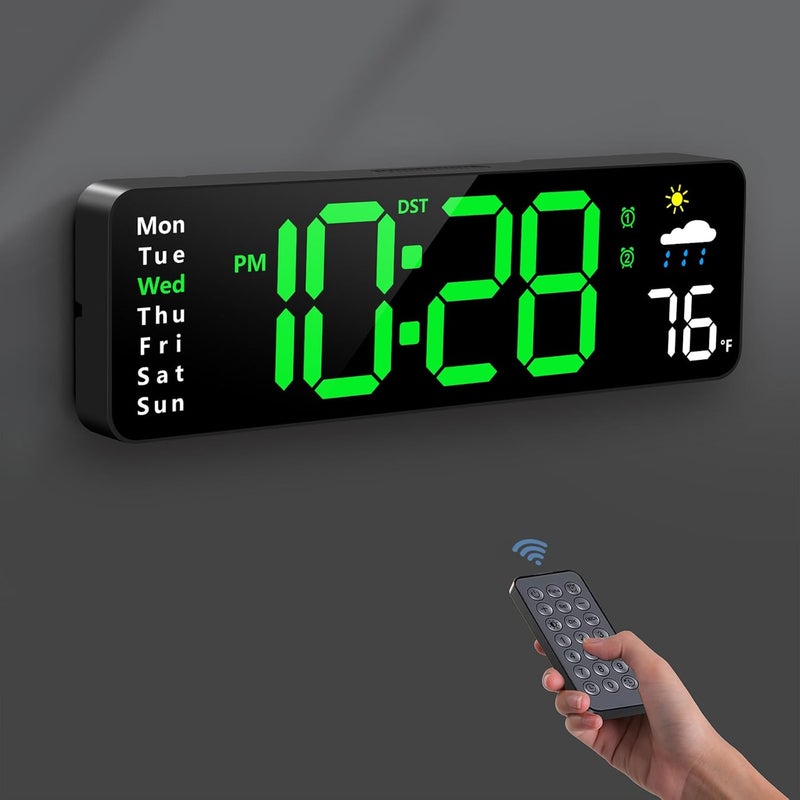 Zelaclock Digital Wall Clock, Digital Clock Large Display with Remote Control, Corded LED Alarm Clocks with Date, Week, Temp, Humidity, Auto DST, Countdown, for Living Room Bedroom Classroom Office (Green) - Image 1
