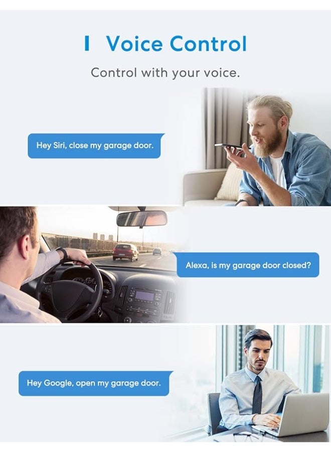 Meross smart garage door opener is compatible with Apple HomeKit, Google Home, and Amazon Alexa. To let in your family, guests, or couriers through the garage door while you are cooking or not at home. - Image 4