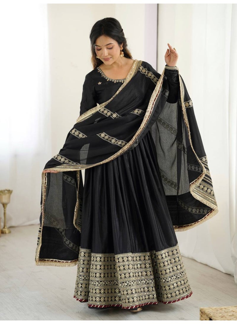 Super Asian Elegant Silk Gown Set with Thread & Sequence Work – Full-Stitched Pant and Matching Silk Dupatta - Image 1