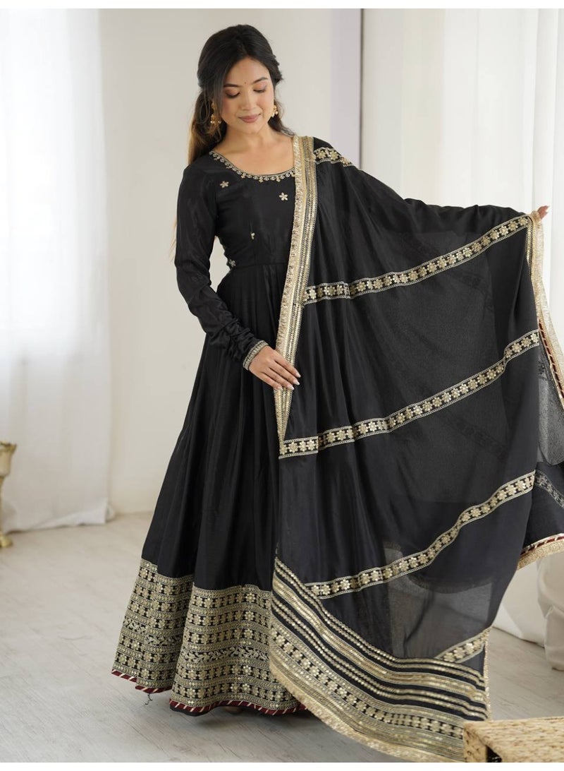 Super Asian Elegant Silk Gown Set with Thread & Sequence Work – Full-Stitched Pant and Matching Silk Dupatta - Image 3