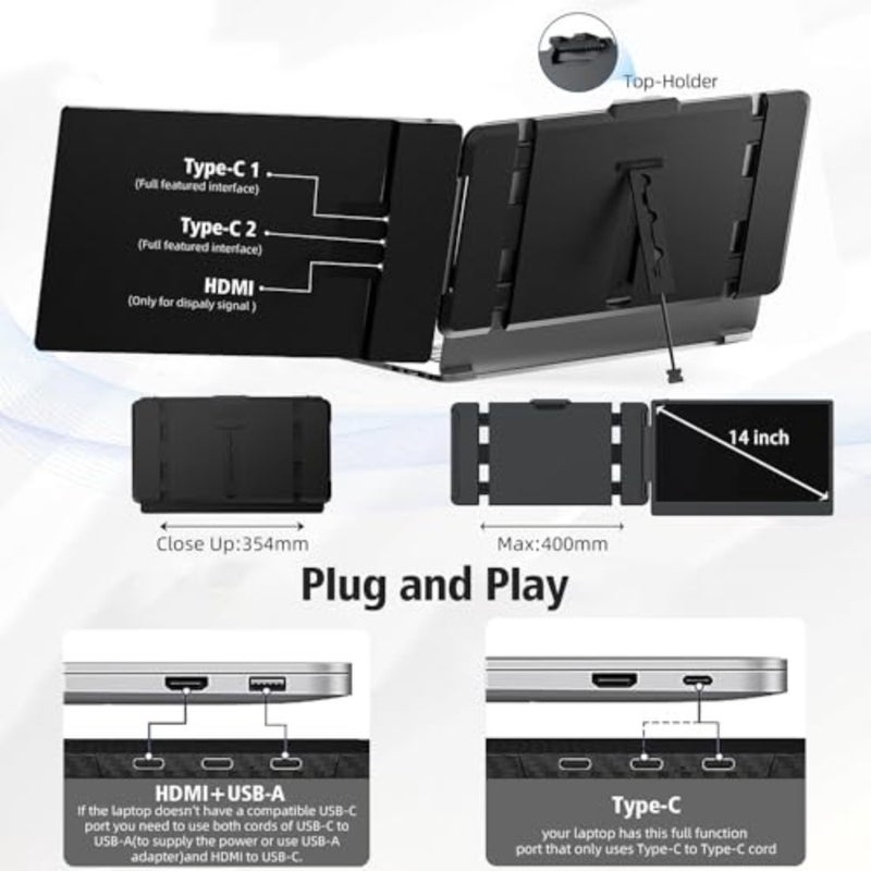 شاشة محمولة مقاس 14 بوصة، شاشة FHD 1080P IPS مزدوجة، توصيل HDMI/USB-A/USB-C، ملحق شاشة محمول لنظام التشغيل Windows، Chrome، Mac وNS - Image 2