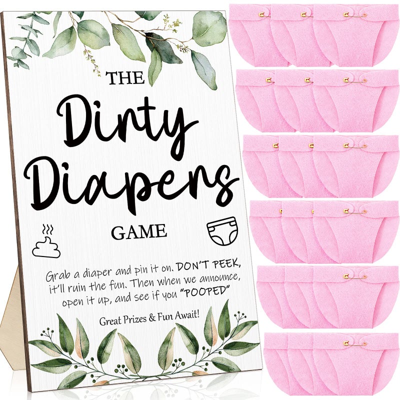 Roowest 51 Pcs Dirty Diaper Baby Shower Games Funny Wooden Sign with 50 Pcs Mini Diapers Cute Felt for Gender Reveal Party Baby ShowerGreenery Pink