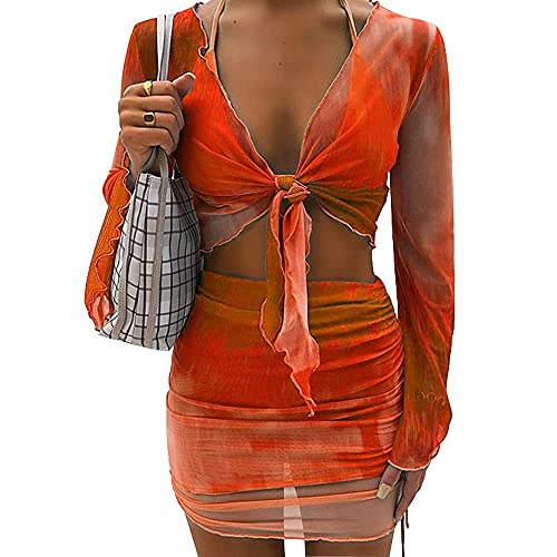 SHESEEWORLD Women's Sexy Long Sleeve 2 Piece Sheer Mesh Cover Up Dress Crop Top Bodycon Ruched Mini Skirt Sets - Image 2