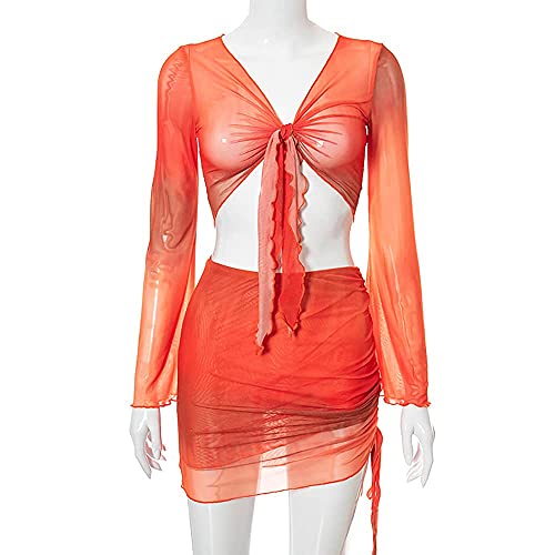 SHESEEWORLD Women's Sexy Long Sleeve 2 Piece Sheer Mesh Cover Up Dress Crop Top Bodycon Ruched Mini Skirt Sets - Image 4