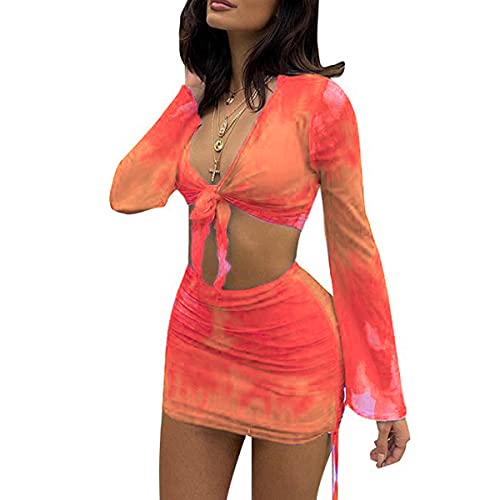 SHESEEWORLD Women's Sexy Long Sleeve 2 Piece Sheer Mesh Cover Up Dress Crop Top Bodycon Ruched Mini Skirt Sets - Image 1