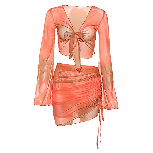 SHESEEWORLD Women's Sexy Long Sleeve 2 Piece Sheer Mesh Cover Up Dress Crop Top Bodycon Ruched Mini Skirt Sets - Image 3
