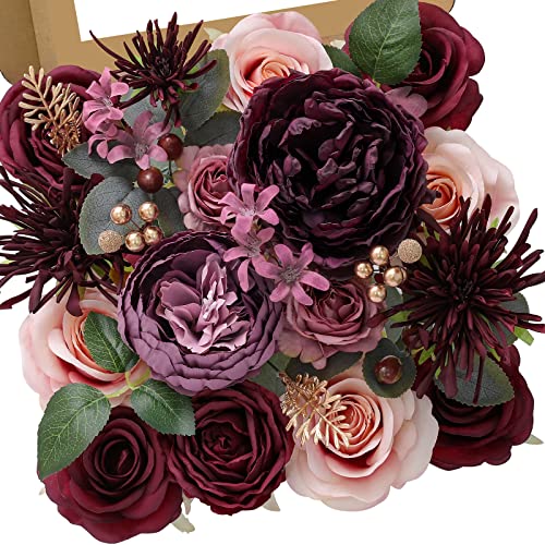 Serwalin Burgundy Artificial Flowers Fake Pink Rose Silk Cake Flower for Wedding Bouquets Centerpieces and Floral Arrangement Bridal Shower Party Home Decorations