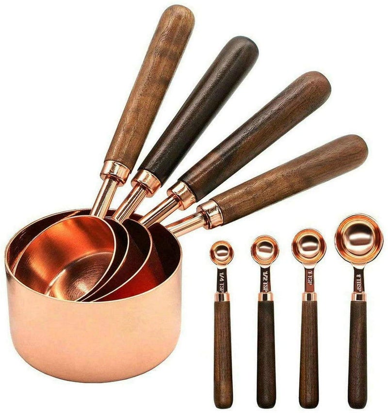 VIHAX 8PCS Stainless Steel Measuring Cups and Spoons Copper Engraved Measuring Spoon and Cup Set with Walnut Wood Handle for Dry, Liquid Ingredients Cooking Baking (Measuring Spoon and Cups) - Image 1