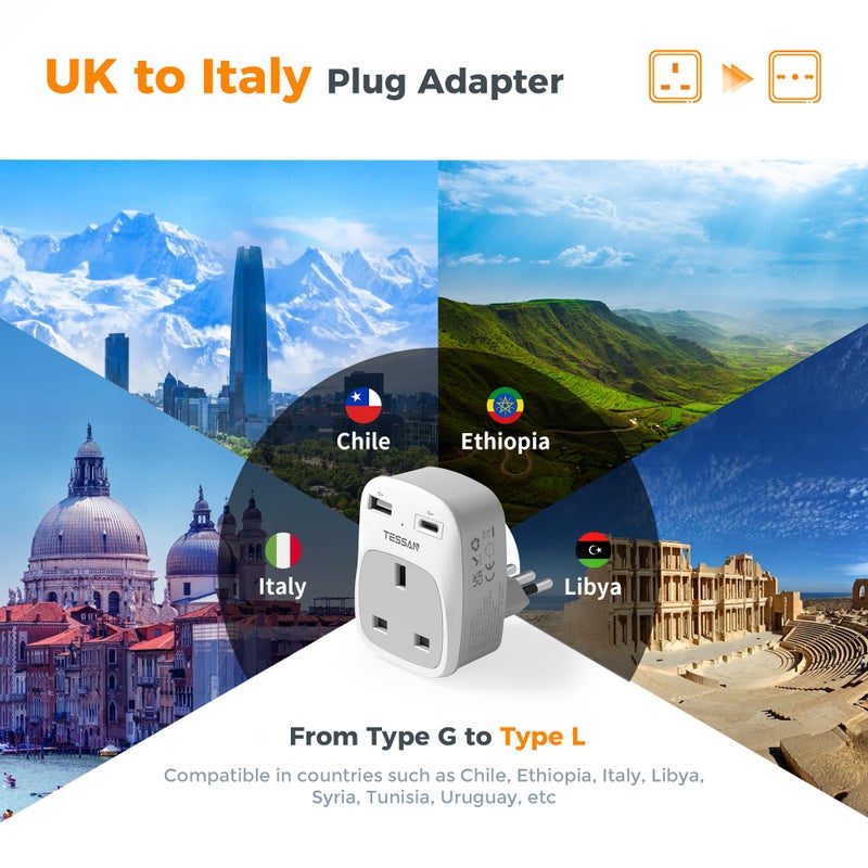 TESSAN UK to Italy Plug Adapter, Grounded Type L Travel Adaptor with USB C - Image 2