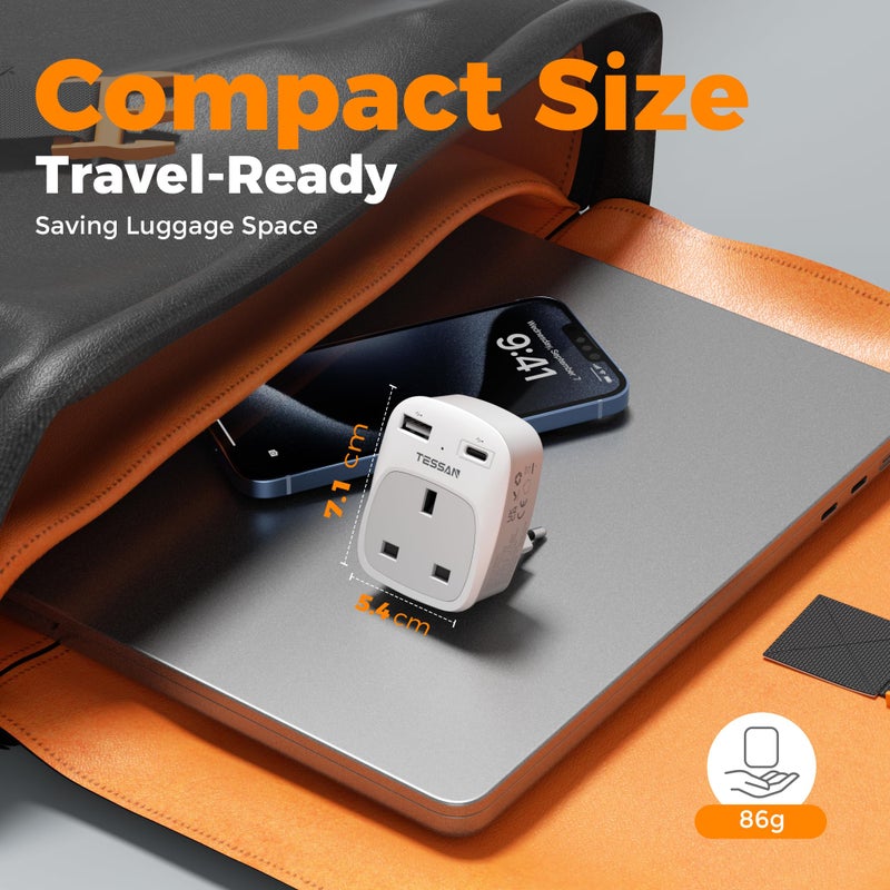 TESSAN UK to Italy Plug Adapter, Grounded Type L Travel Adaptor with USB C - Image 5