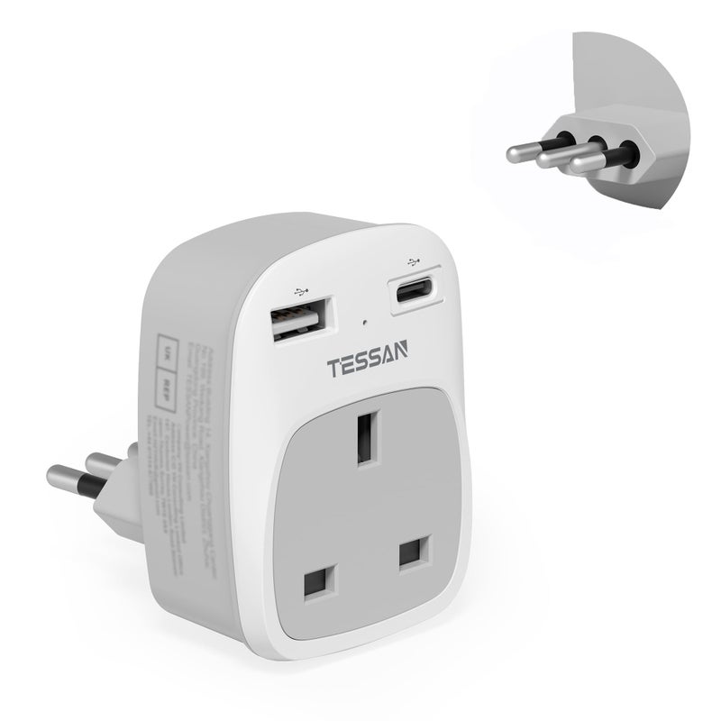 TESSAN UK to Italy Plug Adapter, Grounded Type L Travel Adaptor with USB C - Image 1