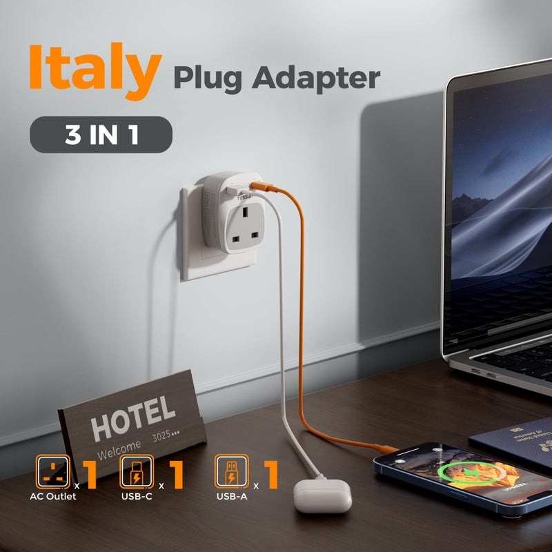 TESSAN UK to Italy Plug Adapter, Grounded Type L Travel Adaptor with USB C - Image 4