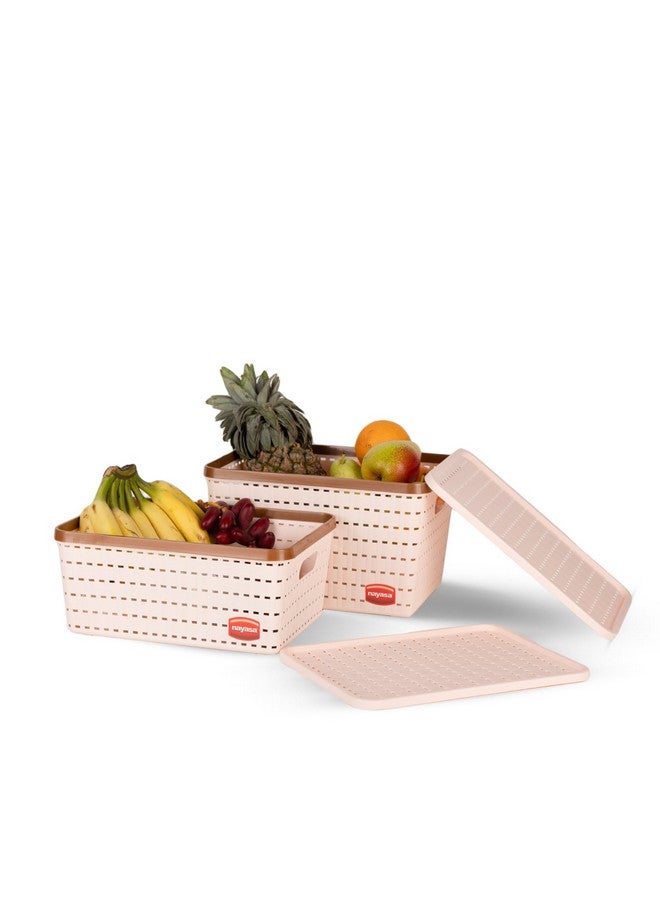 Nayasa Gloria 2 Pcs Set Basket | Rectangular shape | Medium 1 + Big 1 | Plastic Basket With Lid | Multipurpose Basket With Lid | Organizer Basket With Lid | Peach - Image 1