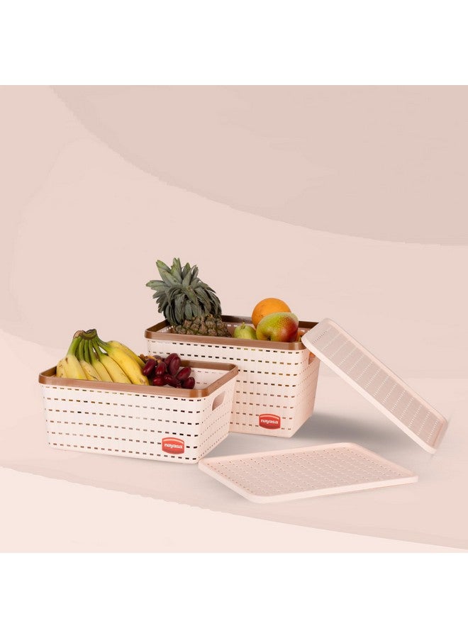 Nayasa Gloria 2 Pcs Set Basket | Rectangular shape | Medium 1 + Big 1 | Plastic Basket With Lid | Multipurpose Basket With Lid | Organizer Basket With Lid | Peach - Image 4
