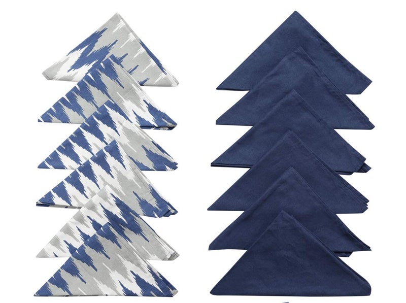 Dekor World 12 Pieces Cotton Ternion Navy BLYE Grey Printed and Solid Napkin Set for Dinning and Kitchen - Image 1