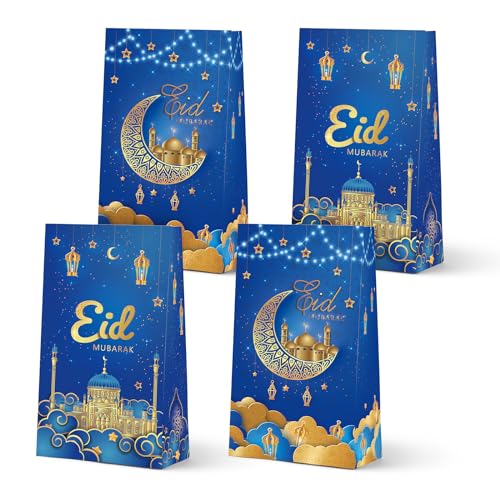 KALEFO Eid Mubarak Favor Gift Bags 24PCS Ramadan Muslim Supplies Goodie Treat BagTable Decorations for Party Birthday Blue - Image 1