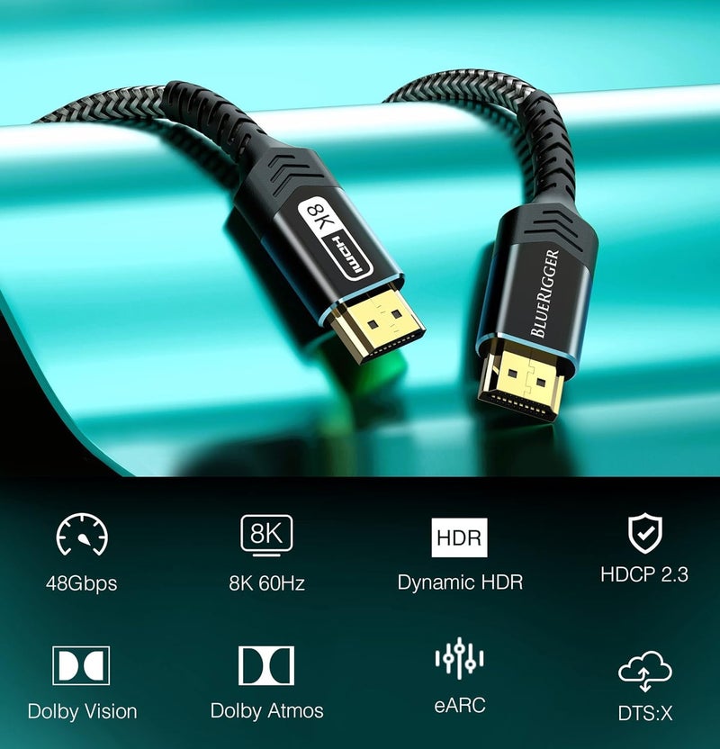 BlueRigger 10K 8K Certified HDMI 2.1 Cable 48Gbps (10FT, 8K 60Hz, 4K 120Hz, eARC, HDR10 VRR HDCP 2.3) Certified Ultra High Speed HDMI Cable Braided Cord - For Gaming Xbox Series X Roku HDTV Monitor - Image 2