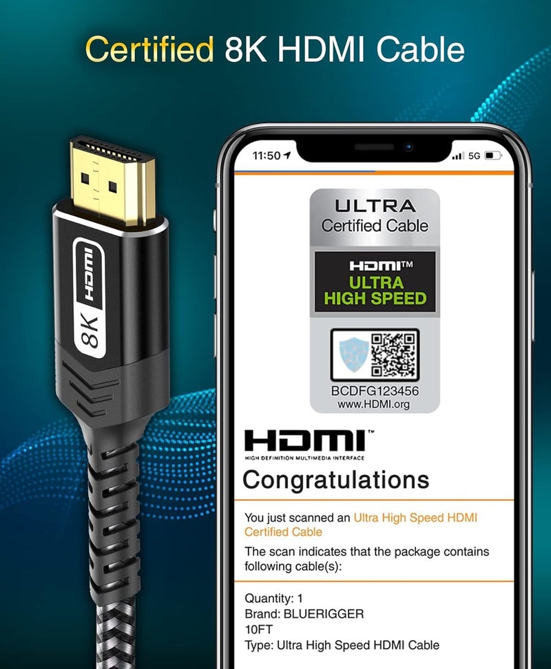 BlueRigger 10K 8K Certified HDMI 2.1 Cable 48Gbps (10FT, 8K 60Hz, 4K 120Hz, eARC, HDR10 VRR HDCP 2.3) Certified Ultra High Speed HDMI Cable Braided Cord - For Gaming Xbox Series X Roku HDTV Monitor - Image 3