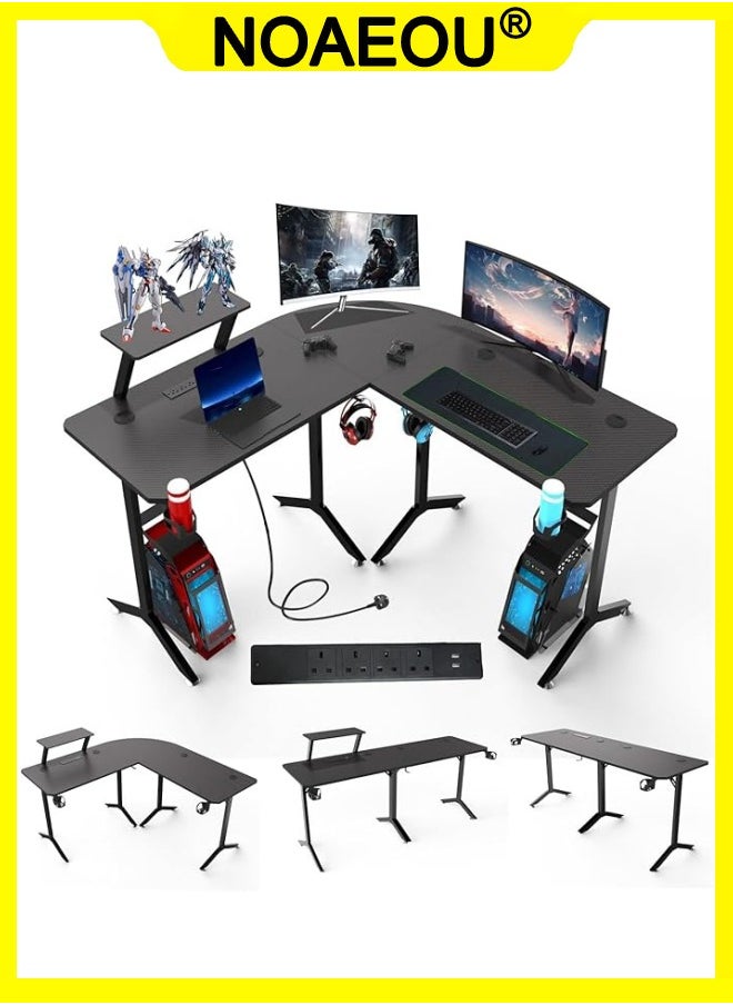 NOAEOU - 146x146x73cm L-Shaped Gaming Desk, Computer Desk with 4 Power Sockets and 2 USB Ports, Home Office Desk with Monitor Stand for Gaming and Workspace - Image 1