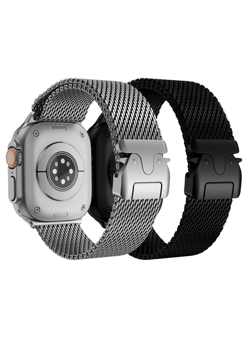 CATANES 2Packs Milanese Loop for Apple Watch Band Ultra 2 Band Ultra 49mm 46mm 45mm 44mm, Parachute-Style Buckle Stainless Steel Mesh Metal Band for iWatch Series 10-1 SE - Black Silver - Image 3