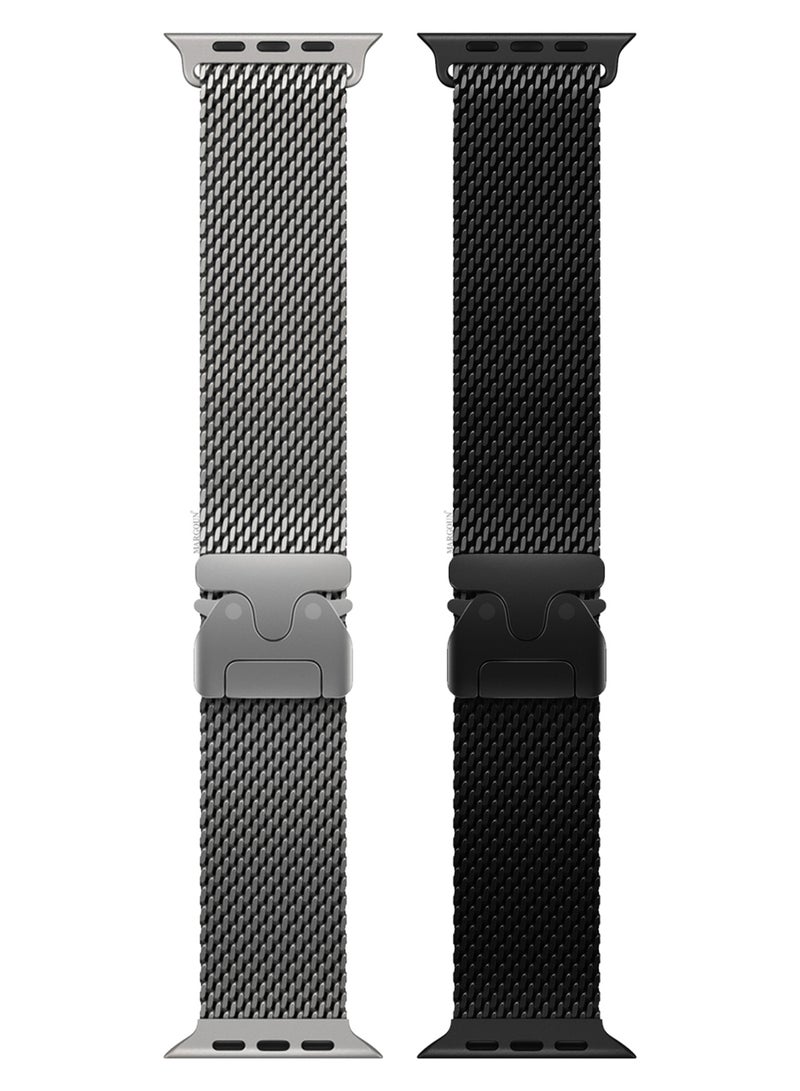 CATANES 2Packs Milanese Loop for Apple Watch Band Ultra 2 Band Ultra 49mm 46mm 45mm 44mm, Parachute-Style Buckle Stainless Steel Mesh Metal Band for iWatch Series 10-1 SE - Black Silver - Image 2