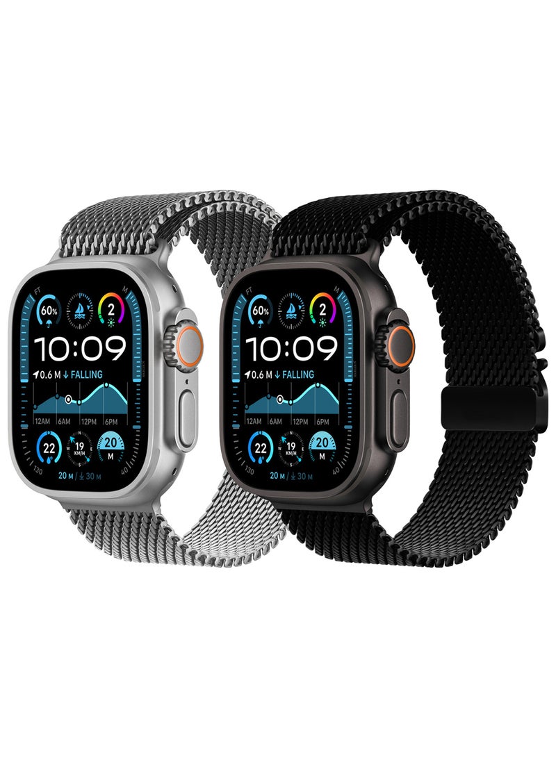 CATANES 2Packs Milanese Loop for Apple Watch Band Ultra 2 Band Ultra 49mm 46mm 45mm 44mm, Parachute-Style Buckle Stainless Steel Mesh Metal Band for iWatch Series 10-1 SE - Black Silver - Image 4