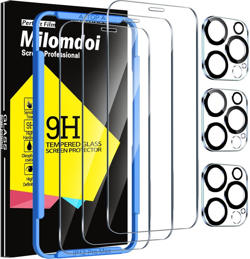 Milomdoi 3 Pack Screen Protector for Apple iPhone 12 Pro Max with 3 Pack Tempered Glass Camera Lens Protector Ultra 9H Accessories Case Friendly Mounting Frame 25D Curved Transparent - Image 2