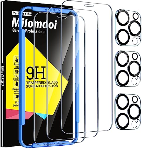 Milomdoi 3 Pack Screen Protector for Apple iPhone 12 Pro Max with 3 Pack Tempered Glass Camera Lens Protector Ultra 9H Accessories Case Friendly Mounting Frame 25D Curved Transparent - Image 1