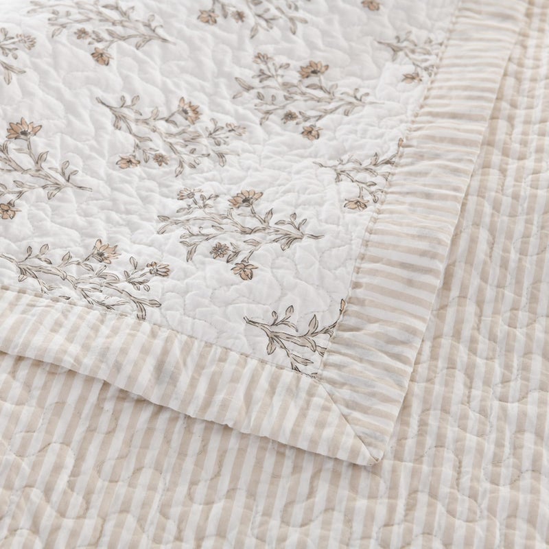 DUOHONG 100% Cotton Quilt Set King Size, King Quilt, Floral Striped Reversible Botanical Quilted Bedspread Lightweight Comforter Bedding Set for King Bed, 3pcs, White/Light Camel/Gray - Image 4