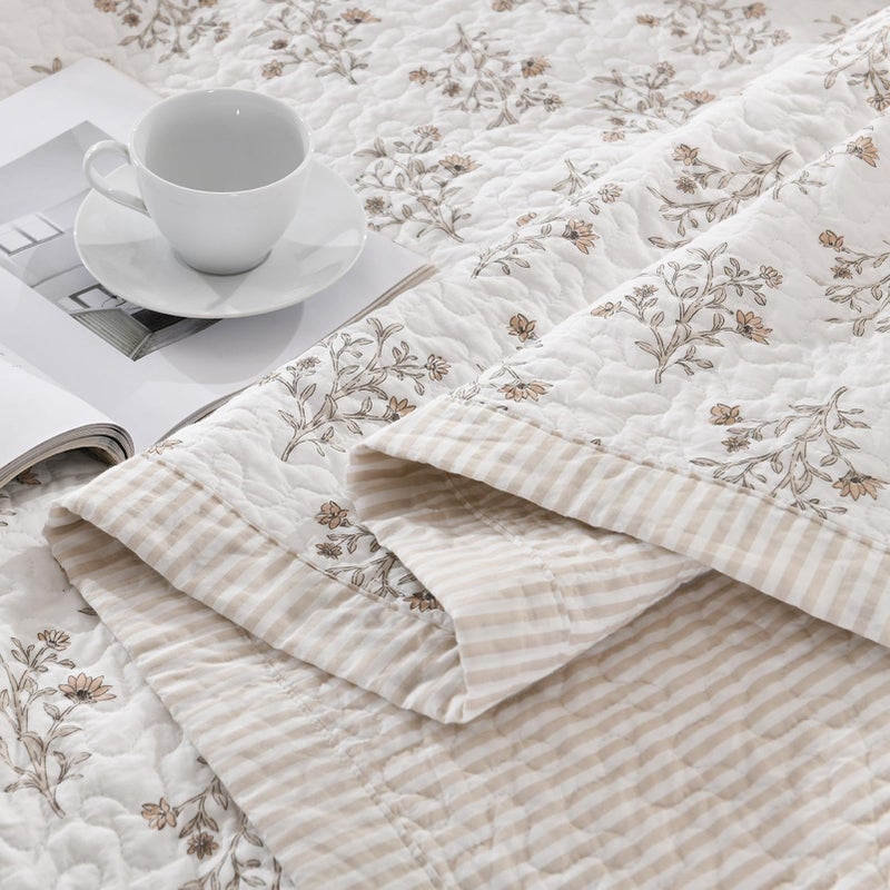 DUOHONG 100% Cotton Quilt Set King Size, King Quilt, Floral Striped Reversible Botanical Quilted Bedspread Lightweight Comforter Bedding Set for King Bed, 3pcs, White/Light Camel/Gray - Image 5