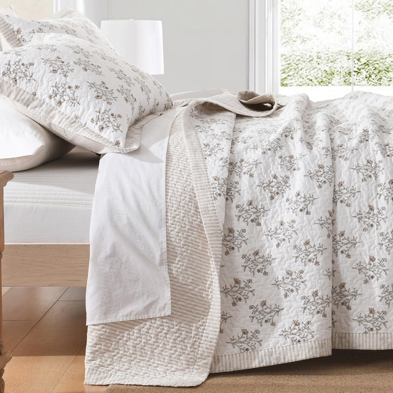 DUOHONG 100% Cotton Quilt Set King Size, King Quilt, Floral Striped Reversible Botanical Quilted Bedspread Lightweight Comforter Bedding Set for King Bed, 3pcs, White/Light Camel/Gray - Image 1