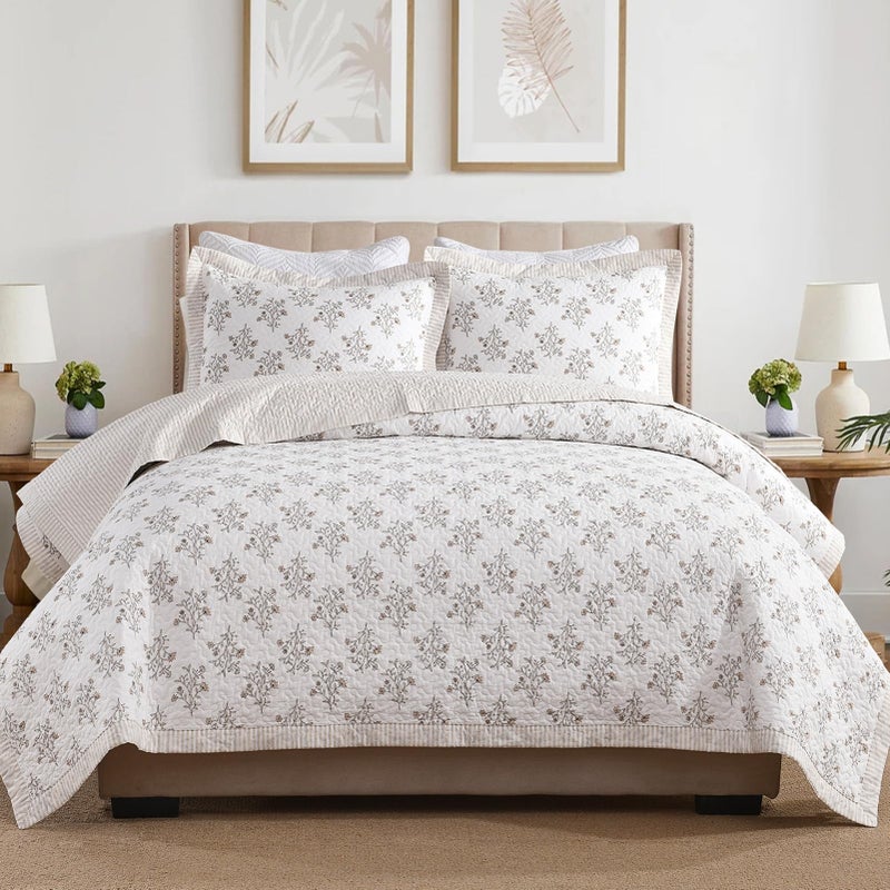 DUOHONG 100% Cotton Quilt Set King Size, King Quilt, Floral Striped Reversible Botanical Quilted Bedspread Lightweight Comforter Bedding Set for King Bed, 3pcs, White/Light Camel/Gray - Image 2