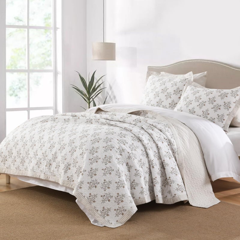 DUOHONG 100% Cotton Quilt Set King Size, King Quilt, Floral Striped Reversible Botanical Quilted Bedspread Lightweight Comforter Bedding Set for King Bed, 3pcs, White/Light Camel/Gray - Image 3