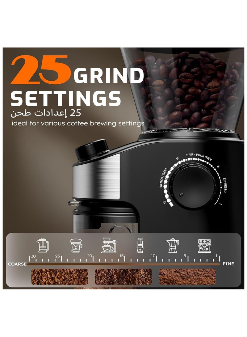 مطحنة قهوة بور مع شاشة عرض مؤقت رقمية، مطحنة حبوب قهوة كهربائية مع 25 إعدادًا دقيقًا للإسبريسو، والتنقيط، والصب، والتخمير البارد، والمكبس الفرنسي، لون أسود - Image 2