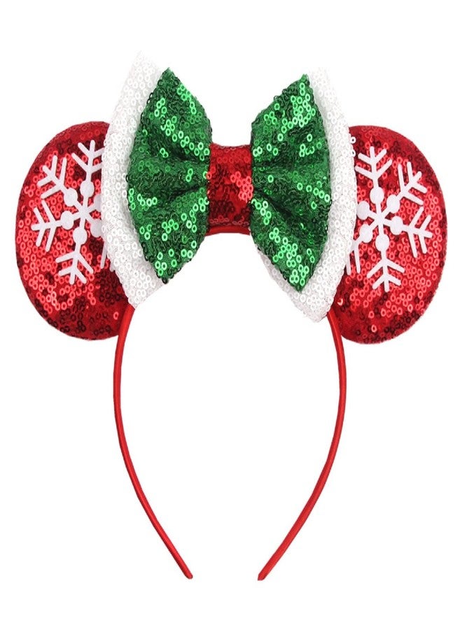 LSHDXD Christmas Mouse Ears Bow Headband Hair Hoop, Glitter Snowflake Hair bands for Christmas Party Supplies Hot Pink Princess Dress Up - Image 1