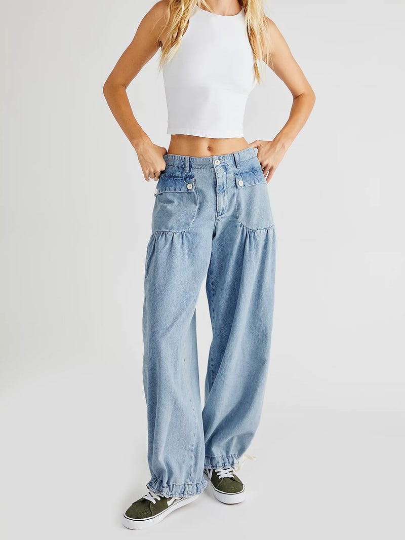 yoeasy Women's Lotus Tube Jeans Mid Rise Baggy Wide Leg Barrel Jeans Drawstring Ankle Denim Pants with Pockets (Small, Light Blue) - Image 2