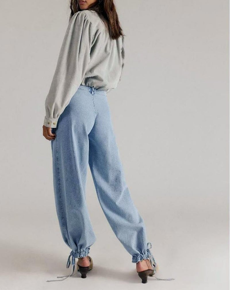 yoeasy Women's Lotus Tube Jeans Mid Rise Baggy Wide Leg Barrel Jeans Drawstring Ankle Denim Pants with Pockets (Small, Light Blue) - Image 4