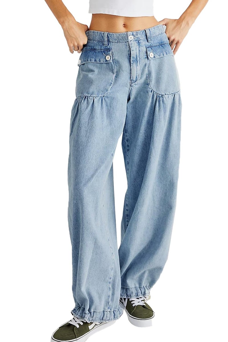 yoeasy Women's Lotus Tube Jeans Mid Rise Baggy Wide Leg Barrel Jeans Drawstring Ankle Denim Pants with Pockets (Small, Light Blue) - Image 1