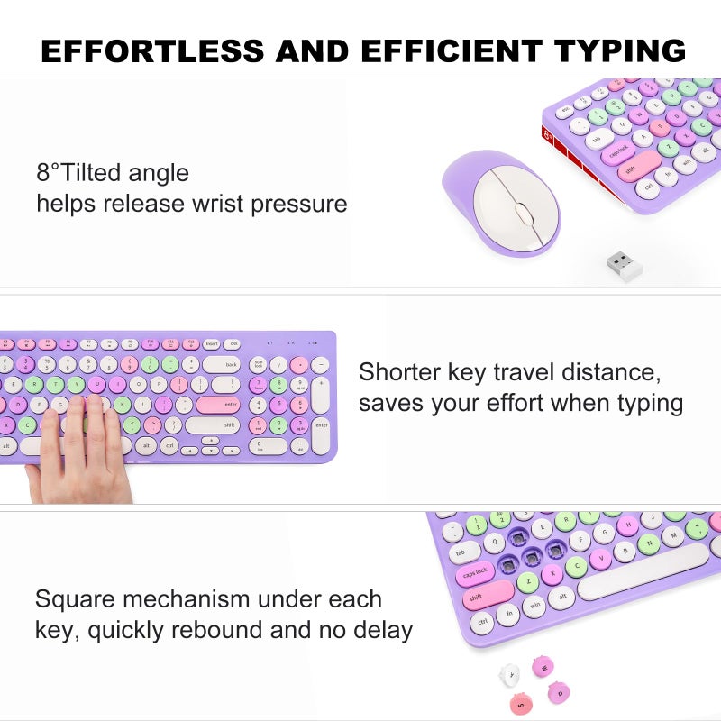 GUKJOB Wireless Keyboard and Mouse Combo, Retro Typewriter Keyboard with Round Keycaps, 2.4GHz USB Cute Wireless Keyboard Mouse for Computer, Desktop, Laptop (Purple Colorful) - Image 4