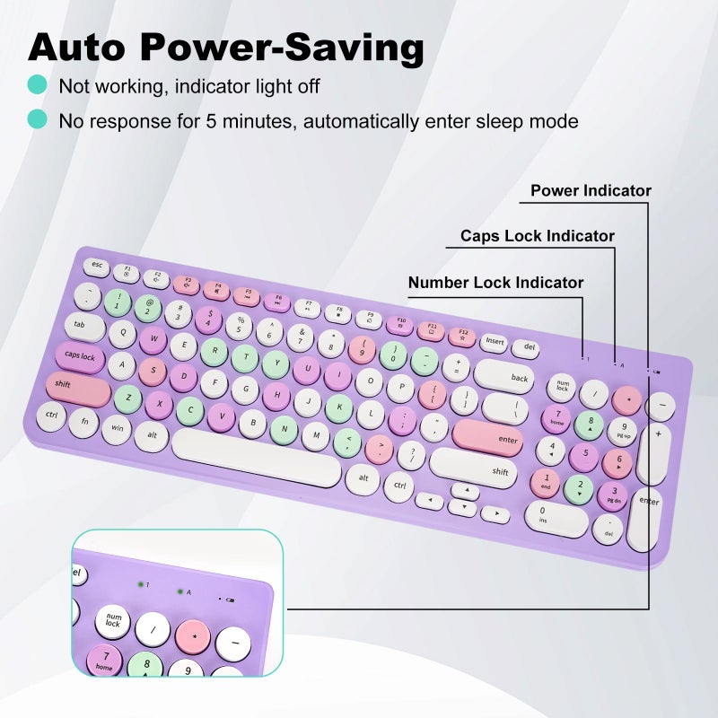 GUKJOB Wireless Keyboard and Mouse Combo, Retro Typewriter Keyboard with Round Keycaps, 2.4GHz USB Cute Wireless Keyboard Mouse for Computer, Desktop, Laptop (Purple Colorful) - Image 3