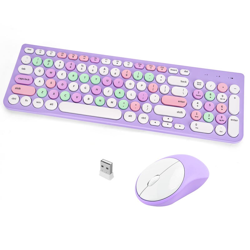 GUKJOB Wireless Keyboard and Mouse Combo, Retro Typewriter Keyboard with Round Keycaps, 2.4GHz USB Cute Wireless Keyboard Mouse for Computer, Desktop, Laptop (Purple Colorful) - Image 1