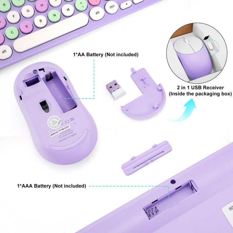 GUKJOB Wireless Keyboard and Mouse Combo, Retro Typewriter Keyboard with Round Keycaps, 2.4GHz USB Cute Wireless Keyboard Mouse for Computer, Desktop, Laptop (Purple Colorful) - Image 5